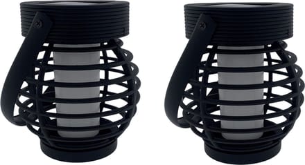 Benson Solar lantaarn tuinlamp - 2x - zwart - LED flame effect - oplaadbaar - D9 x H10,8 cm