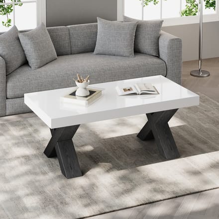 Sweiko Hoogglans Salontafel - X-poten - MDF - 100 x 50 x 40 cm - Wit + Zwart