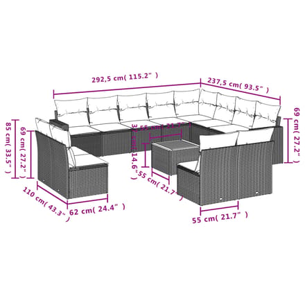 vidaXL - 13-delige - Loungeset - met - kussens - poly - rattan - beige