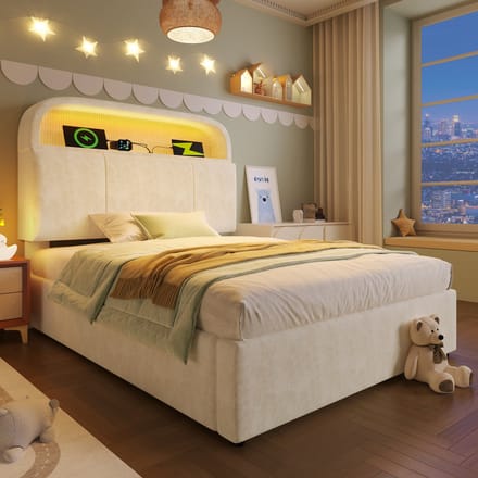 STILVORA Gestoffeerd bed 90x200 cm – Eenpersoonsbed Met Hydraulisch Opberghoofdeinde – LED + USB/Type-C Snelladen – Fluweel – Beige – Zonder matras