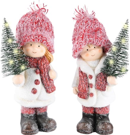 Dekoratief | Winterkind m/boompje, keramiek, LED, 11x8x21cm, set van 2 stuks | A225574