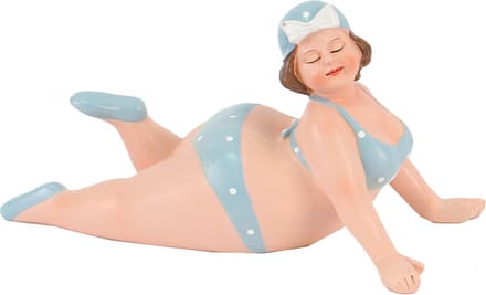 Home decoratie beeldje dikke dame - liggend - blauw badpak - 20 cm