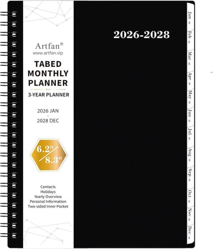 Maandelijkse Planner - Agenda 3 Jaar - Planning Maken - Tabs en Binnenzak - A5 Formaat - Zwart