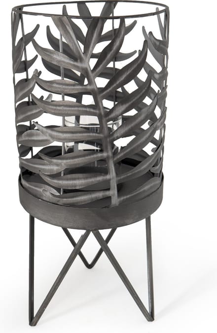 Home Society - Windlicht - antracietgrijs metaal met blad design - 44 cm