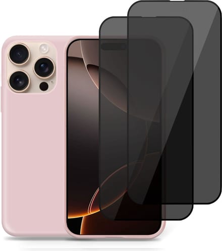 Hoesje + 2x Privé Screenprotector geschikt voor Apple iPhone 16 Pro Max – Privacy Tempered Glass - Back Case Cover Roze