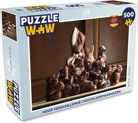 Puzzel Hoop verschillende chocoladepaashazen - Legpuzzel - Puzzel 500 stukjes
