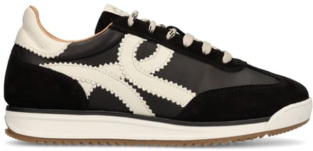 Manfield - Dames - Zwarte leren sneakers met off white details - Maat 38