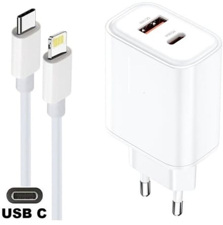 OneOne 36W snellader met 2 poorten + 1,2m OneOne USB C naar Lightning kabel. Witte PD PPS lader. GAN oplader adapter past op iPhone 8 t/m iPhone 14