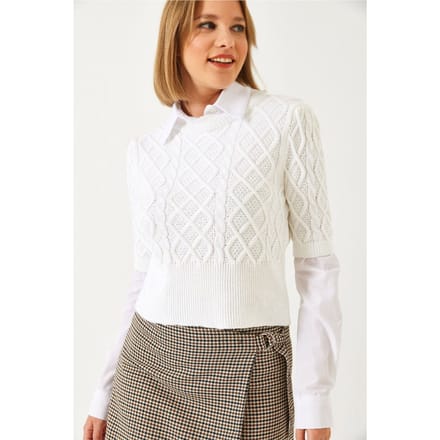 Gebreid Textuur Cropped Trui met Blousekraag