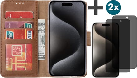 Hoesje met Privacy Screenprotectors 2 Stuks Geschikt voor iPhone 15 Pro – Arara bookcase met pasjeshouder - Bruin