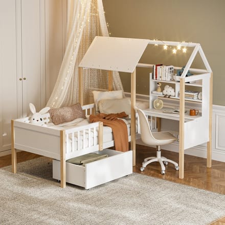 Sweiko kinderbed - 90 x 200 cm - Valbeveiliging - Lattenbodem - Bureau - Laden - Massief houten - Wit