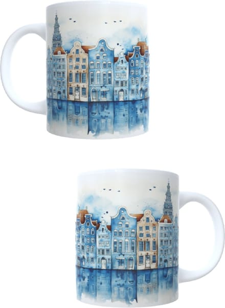 Bedrukte koffie beker - thee mok - blauwe amsterdamse huisjes - bleu houses