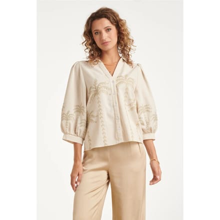 Smashed Lemon Dames blouse beige met geborduurde palmboom |