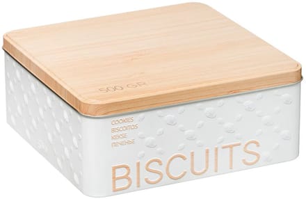 Excellent Houseware Koektrommel Biscuits - wit - 20 x 20 x 8 cm - 1600 ML - bewaarblik met deksel met bamboe uitstraling - metaal
