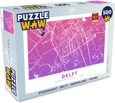 Puzzel Stadskaart - Delft - Nederland - Paars - Legpuzzel - Puzzel 500 stukjes - Plattegrond