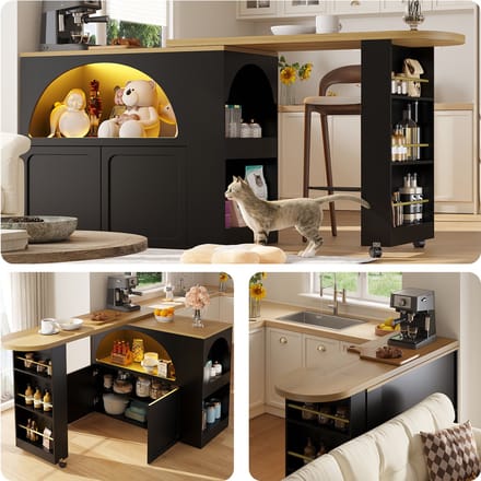 Uitschuifbare Bartafel (135-205x39x100 cm) - Moderne Bar met LED & Gewelfde Deuren - Zwart Telescoop Keuken Eiland