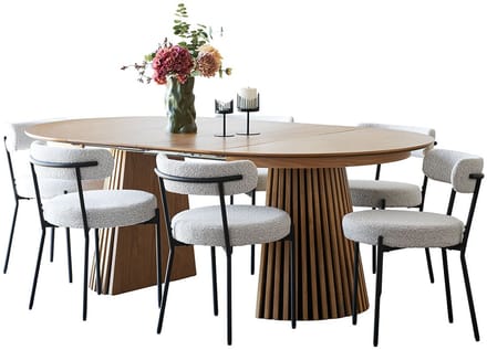 Tokyo eethoek eettafel incl. 2 verlengbladen Ø120x120-160-200cm eikenfineer en 6 stoelen bouclé wit.