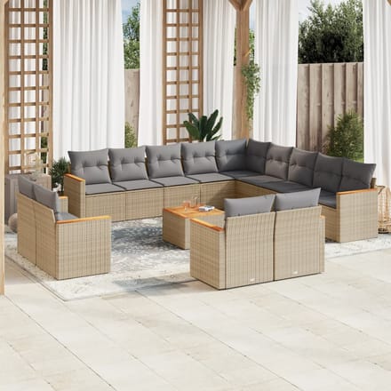 vidaXL - 14-delige - Loungeset - met - kussens - poly - rattan - gemengd - beige