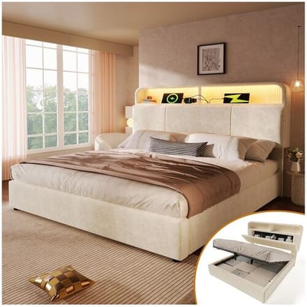 Merax Hydraulisch opbergbed - 140 x 200 cm - verstelbaar hoofdeinde met opbergruimte - met LED's + USB/Type-C - fluweel - beige