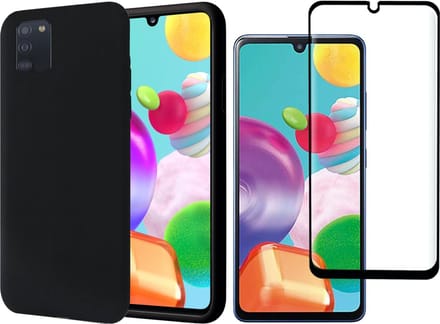 Hoesje geschikt voor Samsung A41 en Screenprotector - Liquid Siliconen Case Zwart + Screen Protector Full