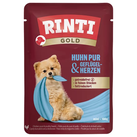 10x100g RINTI Gold Kip Pur & Gevogelteharten Hondenvoer nat