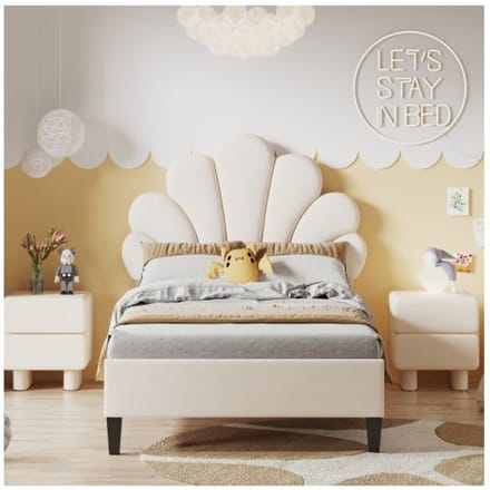 Kinderbed - MUVOE - 90 x 200 cm - Beige - Bloemenhoofdbord - Eenvoudige montage beige