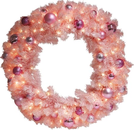 Verlichte kerstkrans - roze - Ø 80 cm - 90 warm witte ledlampjes - met kerstballen