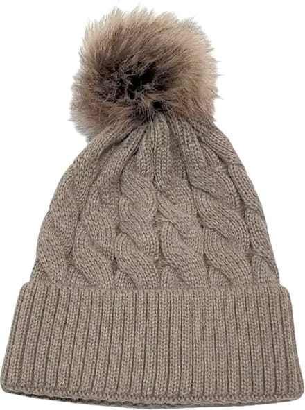 Muts met pompon - taupe damesmuts met fleece en breisel - gebreide wintermuts taupe - STUDIO Ivana