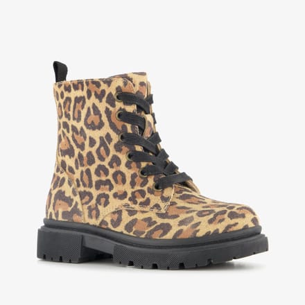 Stap suède meisjes veterboots met panterprint bruin - Maat 32 - Echt leer