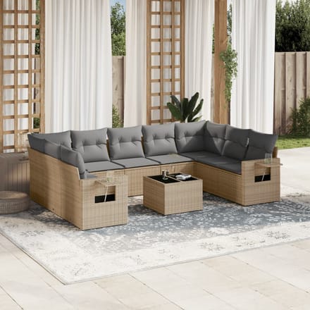 vidaXL - 10-delige - Loungeset - met - kussens - poly - rattan - beige