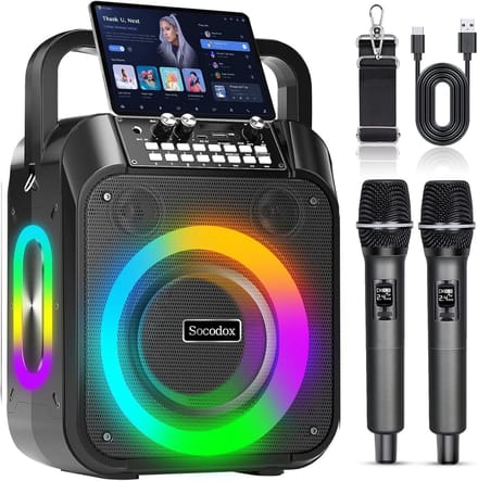 Draagbare Karaokemachine met 2 Draadloze Microfoons en RGB Verlichting