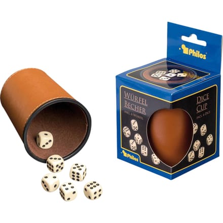 Philos dobbelbeker kunstleer met 6 dobbelstenen bruin spelaccessoire.