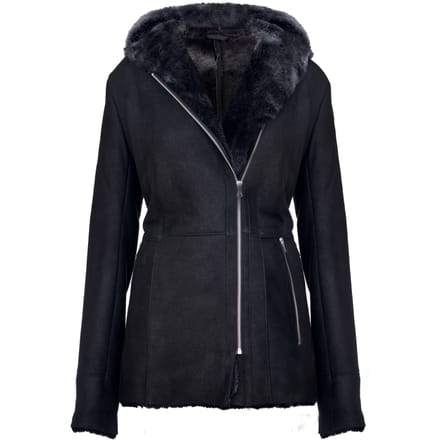 Dames zwart Merino schapenvachtjack met capuchon-Mandalay