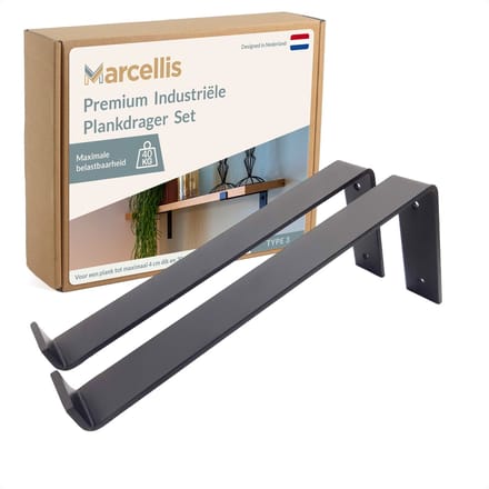 Marcellis - 2x Industriële plankdrager XL - Voor plank 30cm + schroefset - mat zwart - staal - T3