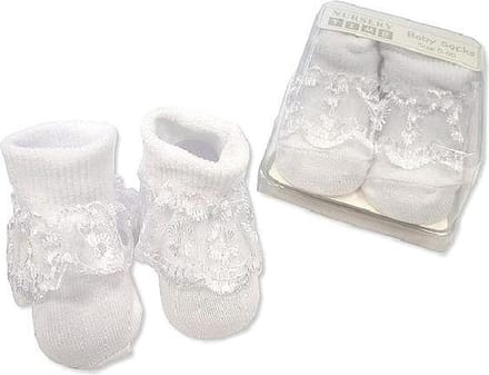NURSERY TIME - GIFT BOX BABY Bootee Sokjes met kant WIT 0-1 maand (maat 56)