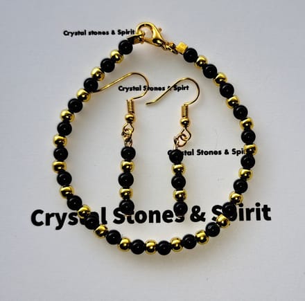 Set Onyx, Armband en Oorbellen, goudkleurig