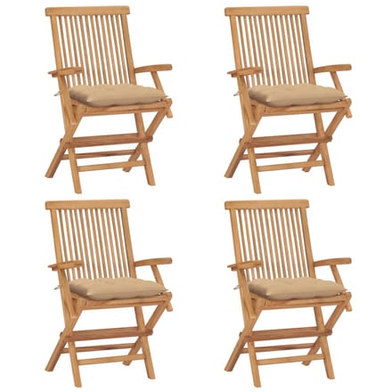 vidaXL - Opklapbare - stoelen - met - beige - kussens, - 4 - stuks, - massief - teakhout