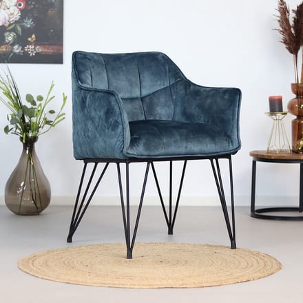Bronx71® Velvet eetkamerstoel Jayron blauw - stoel