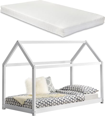Kinderbed houten bed huisbed 200x90 met matras - wit
