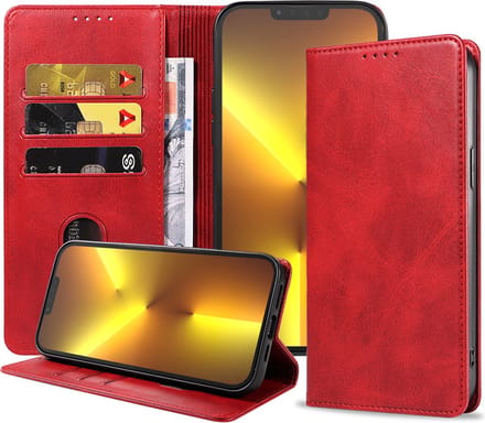Smartphonica iPhone 13 Pro Max kunstleren hoesje met magnetische sluiting en pashouders book case - Rood geschikt voor iPhone 13 Pro Max