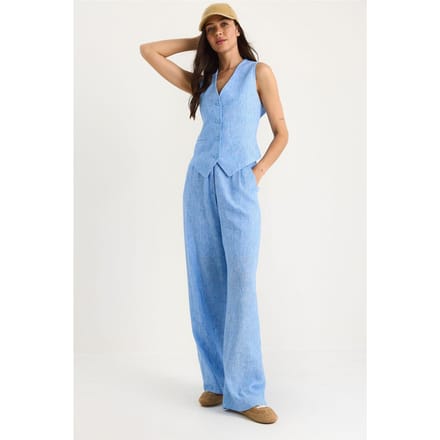 V-hals Vest en Wijde Pantalon Twee-delige Coord Set