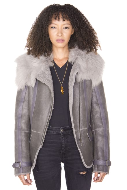 Grijze Toscana Shearling vliegende jas voor dames, Teresina