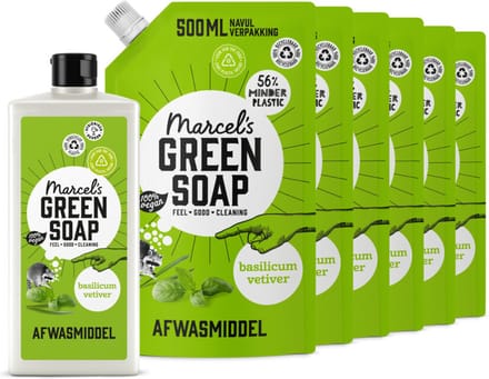 Marcel's Green Soap Afwasmiddel Basilicum & Vertivert Gras + 6 Navullingen Pakket