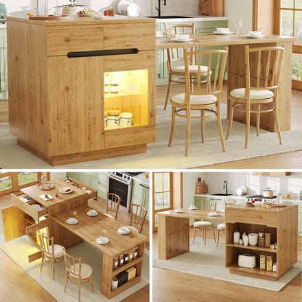 Keukeneiland - Multifunctioneel - Met Uitschuifbare Tafel en Led - Glazen Deur - Eikenlook - Eiken