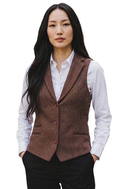 Dames roestbruine visgraatwol tweed geruite gepersonaliseerde vest - WS-1