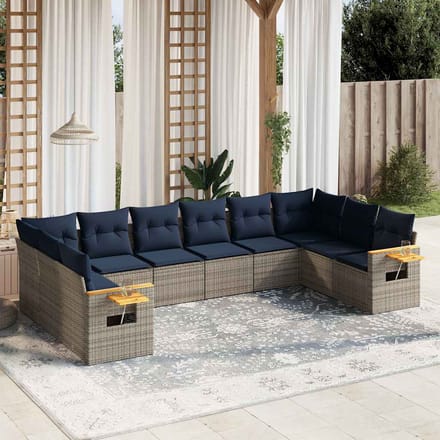 vidaXL - 10-delige - Loungeset - met - kussens - poly - rattan - grijs