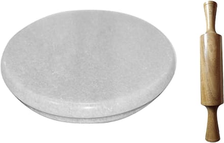 Marmeren Chakla - Deegroller set - Brood platdrukken - Zware marmeren basis - 35 x 32 cm - Wit