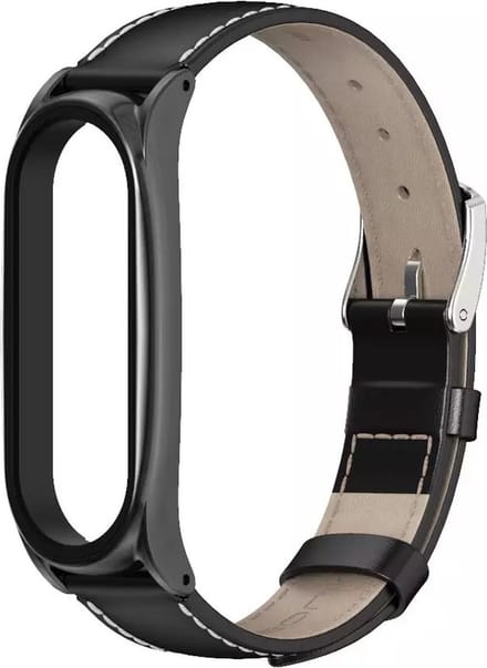 Strap-it Activity tracker bandje leer - geschikt voor Xiaomi Mi Band 5 / Mi Band 6 - strak zwart