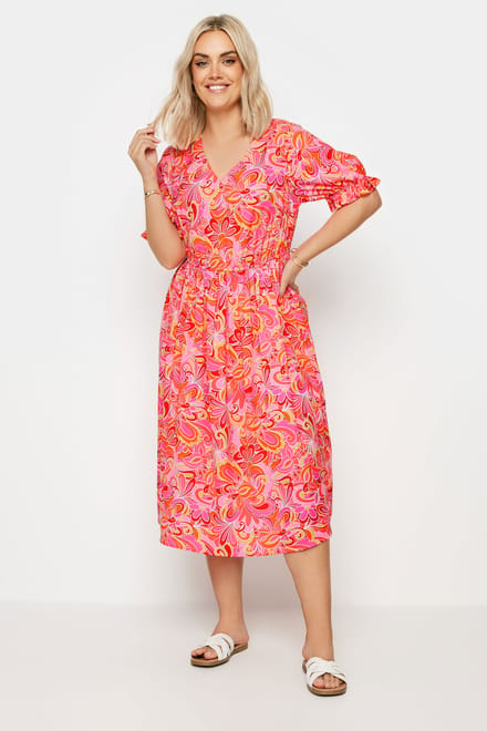 Yours Midijurk Met Korte Mouwen En Abstracte Print In Roze Size 48
