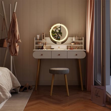Kaptafel met spiegel - Make-up tafel - Schoonheid routine - Geïntegreerde LED verlichting - 100 cm breed - Wit